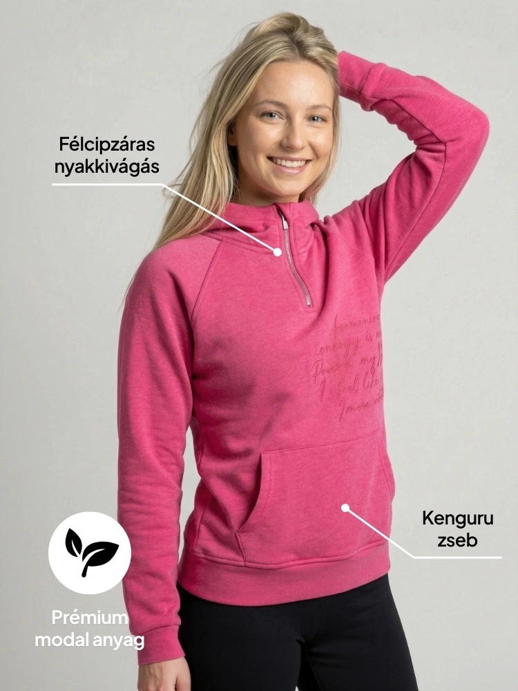 Modal félcipzáras kapucnis pulóver Anya Hot Pink